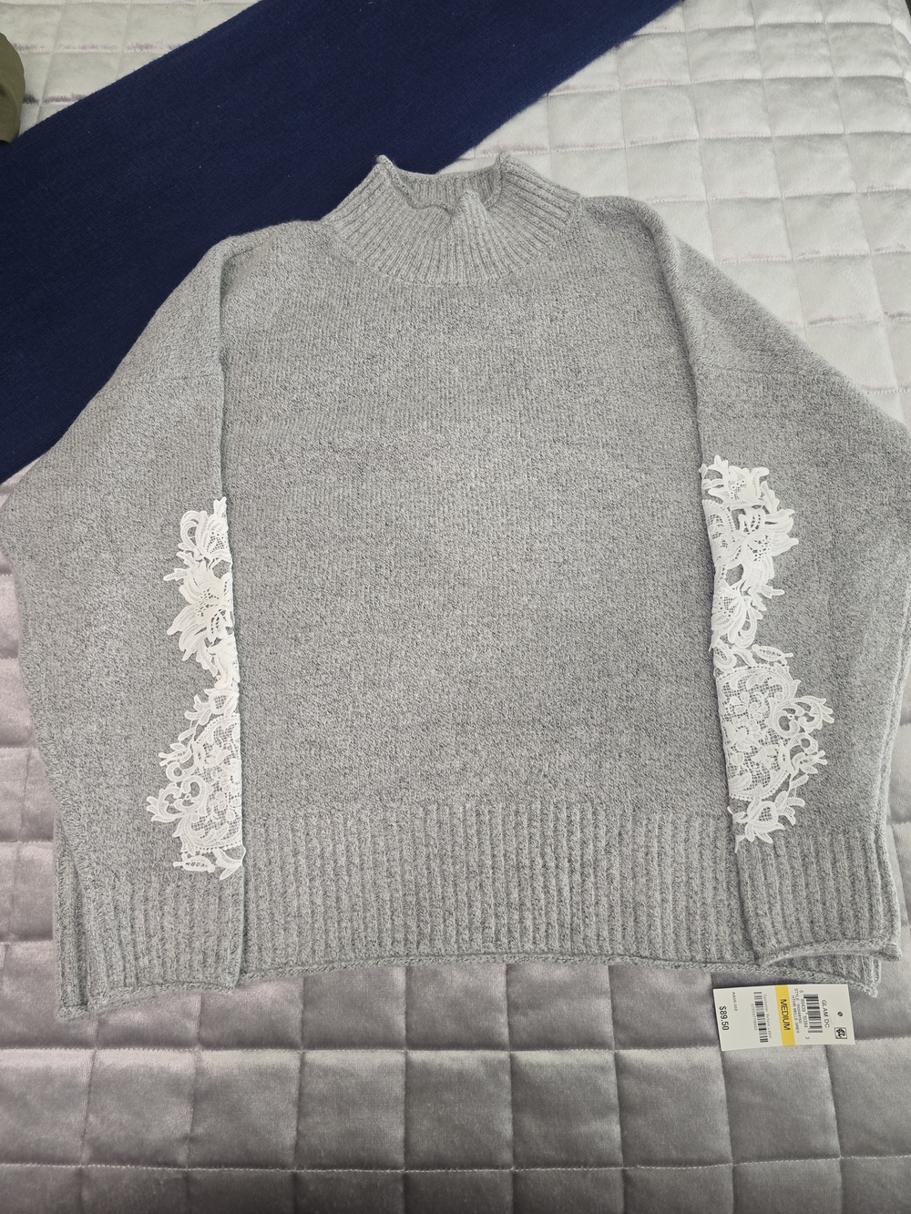 INC International Concepts Light Gray Mock Neck Sweater with White Lace Sleeves